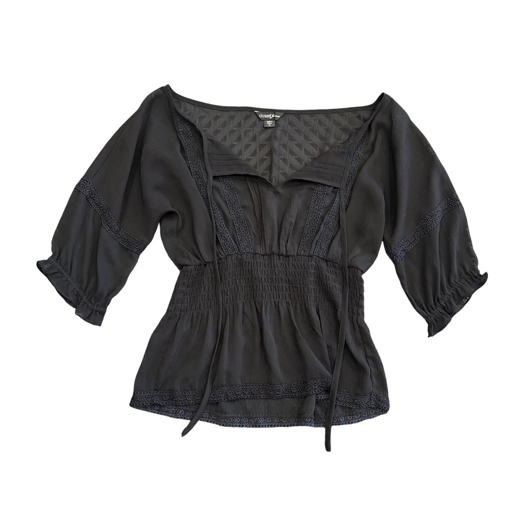 Guess Jeans Black Crochet Lace Smocked Waist Boho Peasant Blouse Top XS